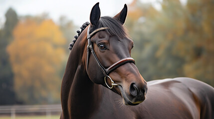 Obraz premium A portrait for Thoroughbred horse which is a sleek, high-spirited horse breed known for its speed and agility, especially in racing. 