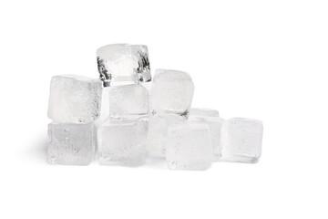 Many frozen ice cubes on white background