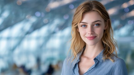 Confident Young Woman Smiling in Modern Indoor Space with Natural Light