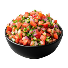 Pico De Gallo In A Black Bowl On Dark Background. Fresh And Colorful Appetizer With Tomato, Onion, Cilantro And Jalapeno Pepper.