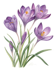 Naklejka premium Purple crocuses with green leaves