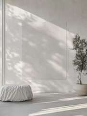 Minimalist bedroom interior with large blank poster on white wall. 3D Rendering 