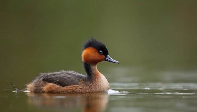 Little grebe Tachybaptus ruficollis also known as dabchick swims tranquil lake waters. Bird has beautiful plumage, detail portrait. Wildlife scenery shows aquatic animal in natural habitat.