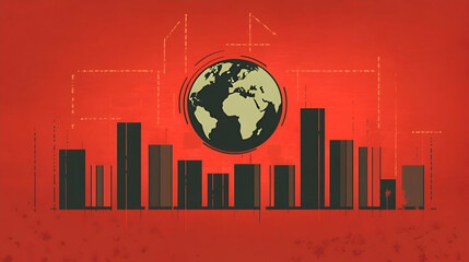 A shrinking globe surrounded by falling bar graphs, symbolizing a global slowdown