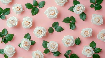 Flat lay photograph of white roses and green leaves arranged on a pink background.