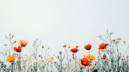 Photograph of wildflowers against a pale sky, featuring poppies and cosmos in a delicate arrangement.