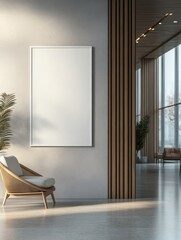 modern hotel lobby interior with empty white poster frame on wall, wooden elements and concrete floor