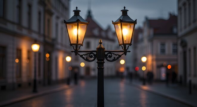 Classic Street Lamp Glowing in Winter Twilight
