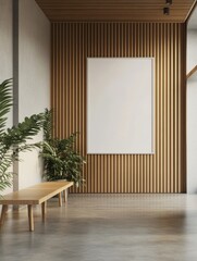 modern hotel lobby interior with empty white poster frame on wall, wooden elements and concrete floor