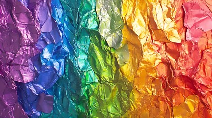 Photograph of crumpled rainbow foil, showcasing vibrant colors and reflective texture.