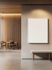 modern hotel lobby interior with empty white poster frame on wall, wooden elements and concrete floor