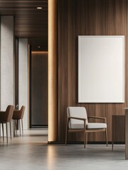 modern hotel lobby interior with empty white poster frame on wall, wooden elements and concrete floor