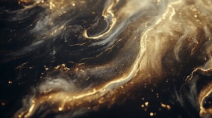 Digital illustration of swirling golden liquid against a dark background, creating a dynamic, textured effect.