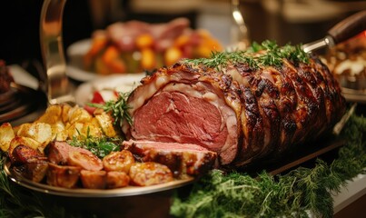 Exquisite meat and vegetable dishes at catering buffet. AI generated illustration.