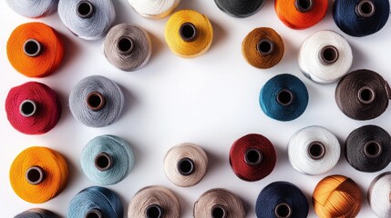 Fototapeta premium A collection of thread bobbins in various metallic and matte shades presented in radial symmetry over a glossy white background