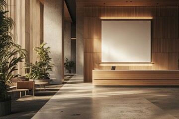 modern hotel lobby interior with empty white poster frame on wall, wooden elements and concrete floor