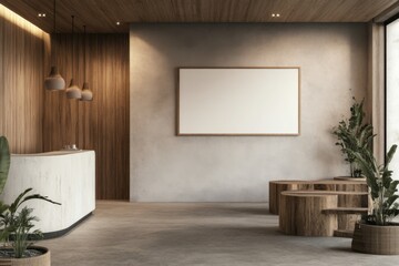 modern hotel lobby interior with empty white poster frame on wall, wooden elements and concrete floor