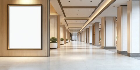 modern hotel lobby interior with empty white poster frame on wall, wooden elements and concrete floor