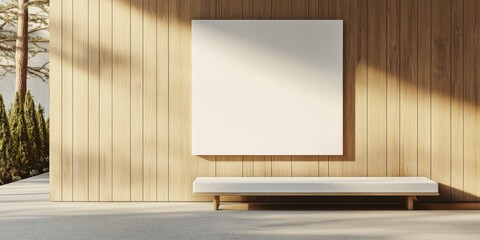 modern hotel lobby interior with empty white poster frame on wall, wooden elements and concrete floor