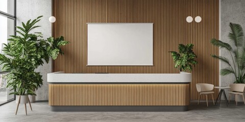 modern hotel lobby interior with empty white poster frame on wall, wooden elements and concrete floor