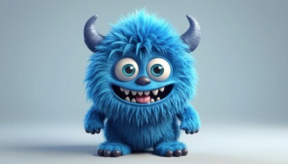 Cute blue furry monster cartoon vector illustration, on white background