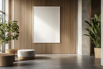 modern hotel lobby interior with empty white poster frame on wall, wooden elements and concrete floor