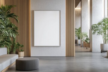 modern hotel lobby interior with empty white poster frame on wall, wooden elements and concrete floor