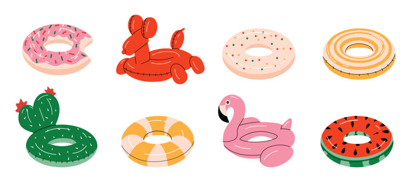 Set of colorful inflatable swim rings and pool floats. Includes donut, flamingo, cactus, watermelon, and lifebuoy. Fun water accessories for pool or beach. Vector illustration isolated on white.