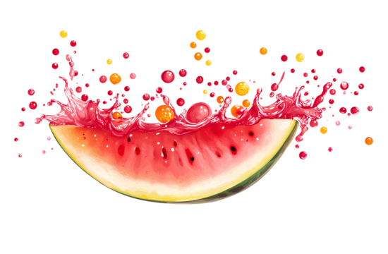  Watermelon with splashes of juice and bubbles on a white background, cut in half, vector illustration, colorful design - Powered by Adobe