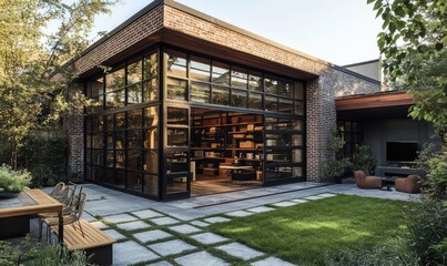 Modern warehouse office exterior design. AI generated illustration.