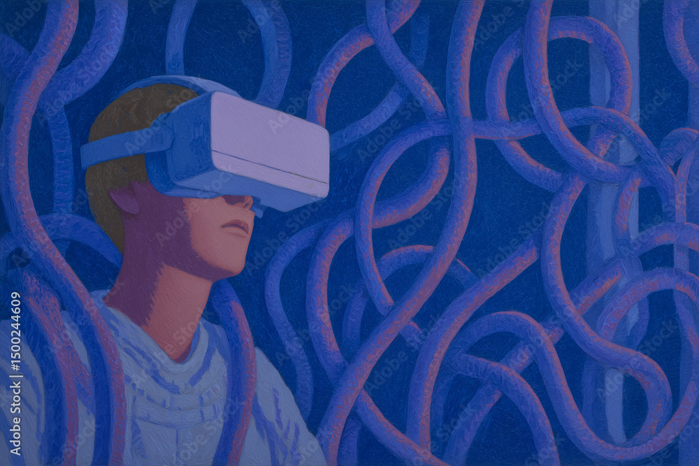 Poster a person immersed in a virtual reality experience, surrounded by cables and technology. the image ca