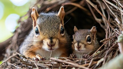 Obraz premium Two young squirrels nestled in a natural nest.