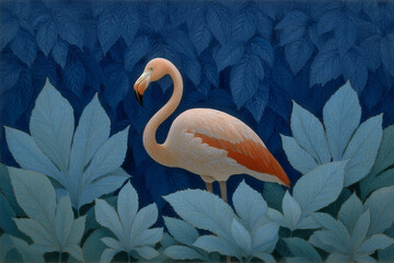 Fototapeta premium A flamingo standing among leaves, it's the perfect mix of elegance and the wild