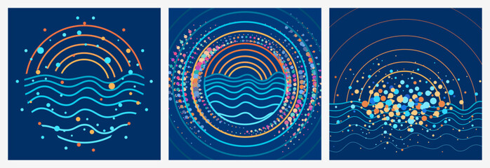 Set of Minimalist Magical Outline Vector Illustration of an Open Sea Landscape at Sunset Sunrise Horizon, Waves, Sparkling Dots , Orange Sun, Clear Blue Sky Globe, Quantum AI Connected Big Dat Dots