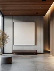 modern hotel lobby interior with a blank poster frame on the wall, featuring a wooden ceiling and concrete floor, bright and spacious layout