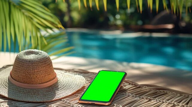 Tropical Smartphone Mock Up with Green Screen by Poolside