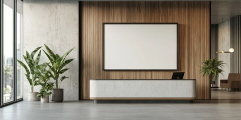  modern hotel lobby interior with a blank wall art frame mockup, featuring wood and white concrete decor