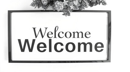 Welcome sign in black frame with floral decor on top against a white wall background indoors created with generated ai