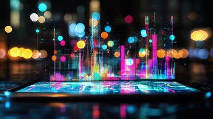 Fototapeta premium Colorful digital graphic display of data overlaid on a night cityscape.