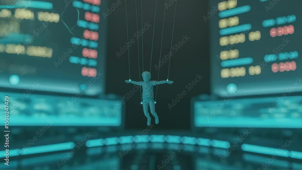 Aufkleber gray puppet hanging from strings in a dark futuristic control room with multiple screens displaying 