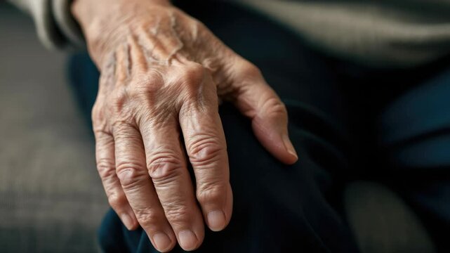 Close-up of elderly person's wrinkled hand resting on their knee, signifying aging and wisdom