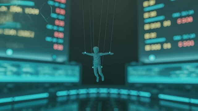 Gray puppet hanging from strings in a dark futuristic control room with multiple screens displaying data and information, suggesting manipulation and control