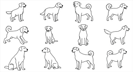 Dog Breeds Outline Set - Various Poses and Silhouettes, Canine Vector Illustration Collection