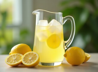 A pitcher of lemonade with ice and lemons on a table.