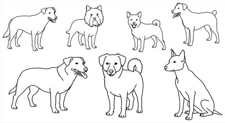 Minimalist Dog Icons - Black and White Line Art of Diverse Canine Breeds