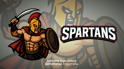 Obraz premium Battle-Ready Spartan Mascot Logo Vector – Greek Warrior with Sword and Shield for Esport Team, Gaming Logo, Streamer Brand or Tactical Combat Identity 