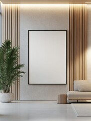  modern hotel lobby interior with a blank wall art frame mockup, featuring wood and white concrete decor
