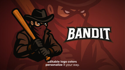 Bandit with Bat Mascot Logo Vector &ndash; Urban Outlaw Holding Baseball Club for Esport Team, Street Gaming Logo, Streamer Brand or Underground Competitive Identity
