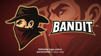 Bandit Mascot Logo Vector – Western Outlaw with Hat and Bandana for Esport Team, Gaming Logo, Shooter Streamer Identity or Competitive Wild West Branding
