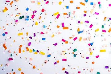 Obraz premium Vibrant multicolored confetti scattered across a solid white background.